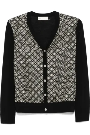 Tory Burch Truien, Dames, Zwart, M, Wol, Monogram Cardigan Knit Sweater