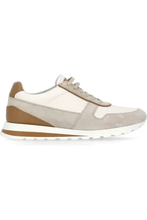Brunello Cucinelli Schoenen, Heren, , 40 EU, Suède, Ivoor Leren Sneakers met Logo Details