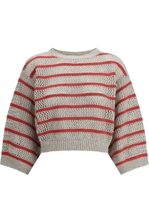 Brunello Cucinelli Truien, Dames, , XL, Linnen, Geperforeerde Gebreide Linnen Trui met Pailletten