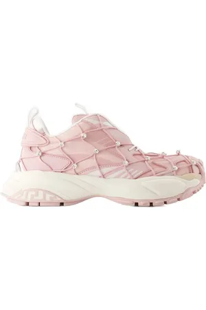 VERSACE Schoenen, Dames, Roze, 37 EU, Leer, Roze Leren Sneakers - Ronde Neus