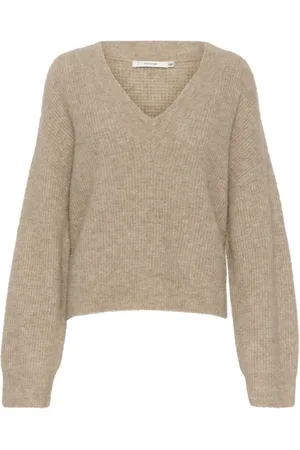 Gestuz Truien, Dames, , S, Wol, Zachte V-hals Gebreide Trui Warm Sand