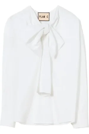 Plan C Blouses & Shirts, Dames, Wit, S, Katoen, Witte Poplin Overhemd met Maxi Strik