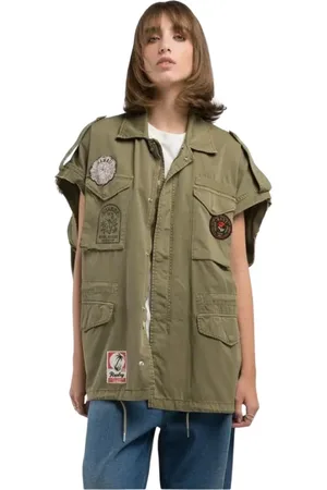 Replay Blouses & Shirts, Dames, Groen, S, Katoen, Kleurrijke Hawaii Patch Shirt