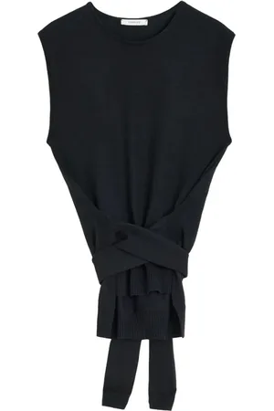LEMAIRE Tops, Dames, Zwart, M, Wol, Zwarte Mouwloze Trui met Asymmetrische Sluiting