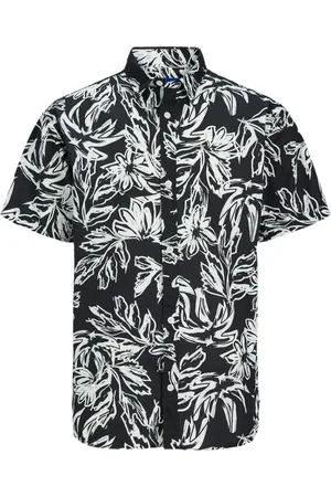 JACK & JONES Overhemden, Heren, Zwart, XL, Bloemen korte mouw overhemd