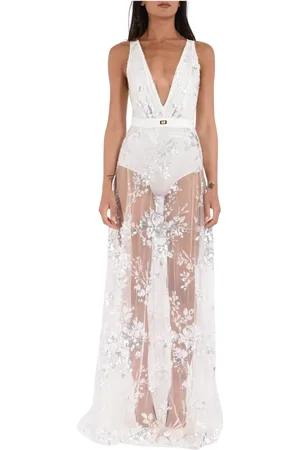 Elisabetta Franchi Kleedjes, Dames, Wit, S, Pailletten, Paillet Geborduurde Lange Jurk