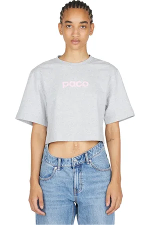Paco rabanne Tops, Dames, Grijs, M, Katoen, Logo Print Cropped T-Shirt