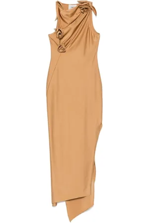COPERNI Kleedjes, Dames, Bruin, S, Beige Asymmetrische Jurk met Stoffen Bloemen