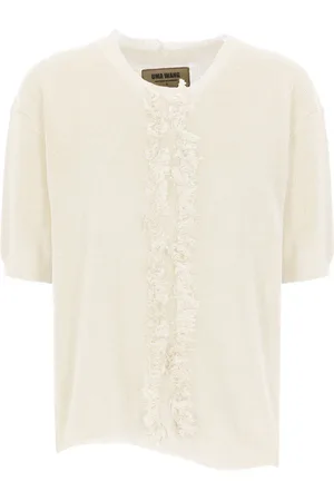 UMA WANG Truien, Dames, , M, Katoen, Ivoor Katoen Zijde Sweater met Franjes