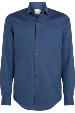 Calvin Klein Overhemden, Heren, Blauw, L, Katoen, Blauw Overhemd Slim Fit Knoop Omlaag