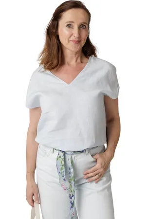 PESERICO SIGN Tops, Dames, Blauw, S, Linnen, V-Hals Top met Korte Mouwen van Linnen
