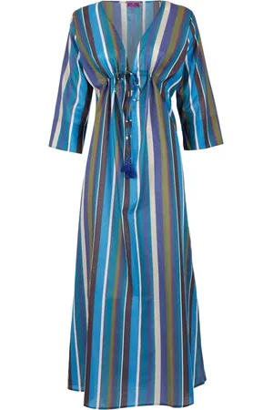 Gallo Badkleding, Dames, Veelkleurig, ONE Size, Katoen, Blauwe lange katoenen kaftan voor vrouwen met verticale strepen in meerdere kleuren