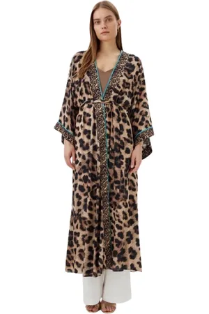 Lola Casademunt Blouses & Shirts, Dames, Bruin, S, Luipaardprint Lange Kimono met Contrasterende Linten