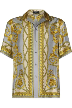 VERSACE Overhemden, Heren, Veelkleurig, S, Grijze Ss 25 Overhemd met La Coupe des Dieux Print