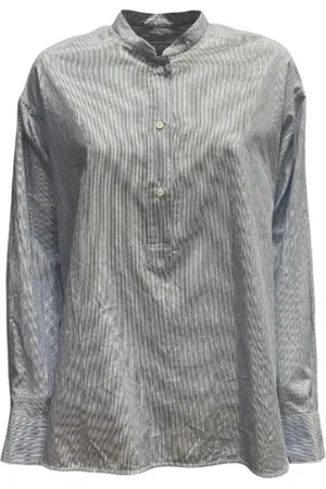 Lis Lareida Blouses & Shirts, Dames, Blauw, L, Katoen, Gestreepte Blouse met Opstaande Kraag