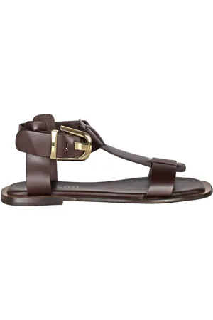 Bibi Lou Schoenen, Dames, Bruin, 40 EU, Leer, Leren Platte Sandalen Metalen Gesp