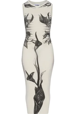 Jean Paul Gaultier Kleedjes, Dames, Wit, S, Katoen, Witte Bloemen Midi Jurk