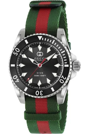 Gucci Accessoires, Dames, Veelkleurig, ONE Size, Nylon, Ya 136364 - Dive 40 mm roestvrijstalen kast, zwarte wijzerplaat, keramische lunette, nato groen-rood-groene band, automatisch uurwerk