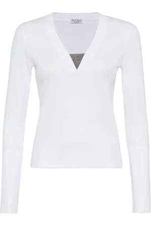 Brunello Cucinelli Truien, Dames, Wit, 2Xl, V-Hals Longsleeve T-Shirt