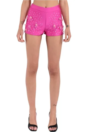 SIMONA CORSELLINI Korte broeken, Dames, Roze, S, Satijn, Satijnen Shorts met 3D Bloemenkraalapplicaties