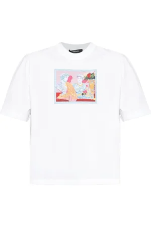 VERSACE Tops, Heren, Wit, L, Katoen, Wit Grafisch Bedrukt T-shirt