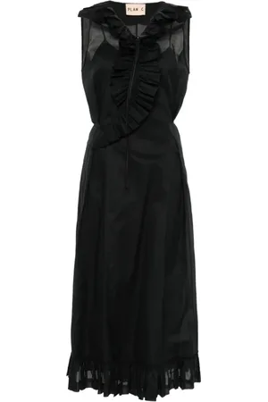 Plan C Kleedjes, Dames, Zwart, S, Katoen, Zwarte Wrap Midi Jurk met Gerimpelde Plooi Details