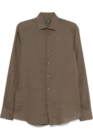 Ermenegildo Zegna Overhemden, Heren, Bruin, M, Linnen, Linnen Overhemd Made in Italy