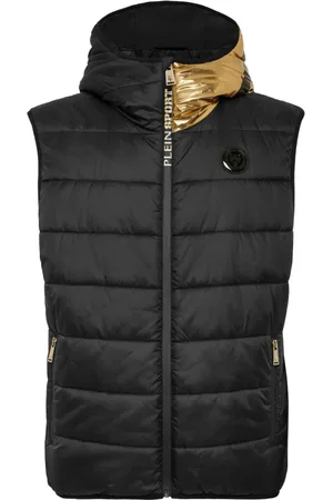 Philipp Plein Jassen, Heren, Zwart, M, Zwart/Gouden Hooded Gilet met Rits