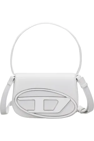 Diesel Tassen, Dames, Wit, ONE Size, Leer, Witte leren schoudertas met ovale plaat