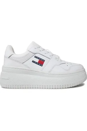 Tommy Hilfiger Schoenen, Dames, Wit, 39 EU, Leer, Leren sneakers met 4 cm hak
