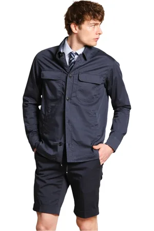 Masons Jassen, Heren, Blauw, XL, Katoen, Tech Satin Reis Stretch Overshirt Marineblauw