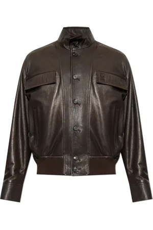 Salvatore Ferragamo Jassen, Heren, Bruin, M, Leren jas met opstaande kraag