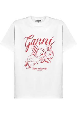 Ganni Tops, Dames, Wit, M, Konijn Relaxte T-shirt