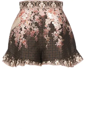 ZIMMERMANN Korte broeken, Dames, Bruin, M, Katoen, Bloemen zijden katoenen dames shorts