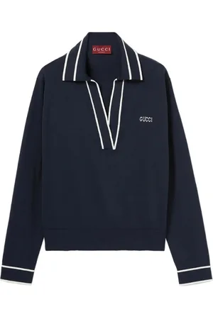 Gucci Tops, Dames, Blauw, S, Blauwe Diepe V-Hals Lange Mouw Top