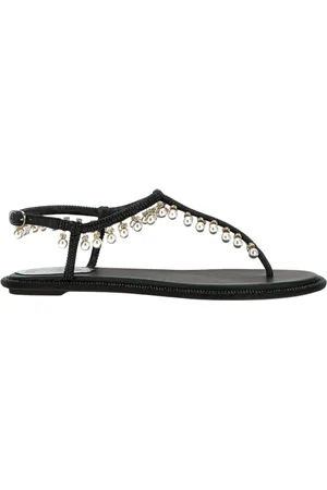 RENE CAOVILLA Schoenen, Dames, Zwart, 37 1/2 EU, Zwarte Platte Sandalen met Versierde Bandjes