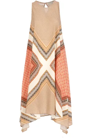 ANTONELLI Kleedjes, Dames, Veelkleurig, XS, Zijden Jurk Ronde hals Mouwloos Uitlopend
