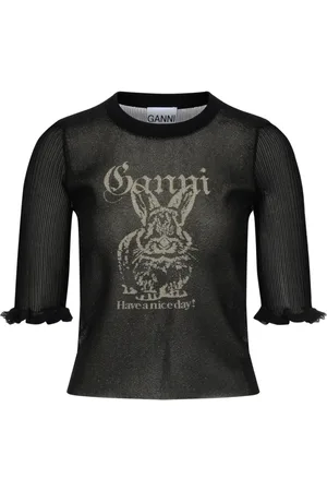 Ganni Tops, Dames, Zwart, M, Doorschijnende Jacquard Top in Zwart