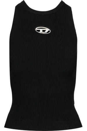 Diesel Tops, Dames, Zwart, M, Geribbelde Crew Neck Tank Top