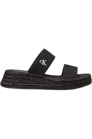 Calvin Klein Schoenen, Dames, Zwart, 37 EU, Katoen, Sportieve Sandalen met Plateauzool