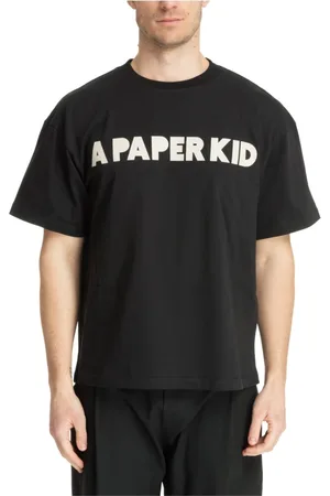 A PAPER KID Tops, Heren, Zwart, S, Katoen, Gestreept Logo T-shirt
