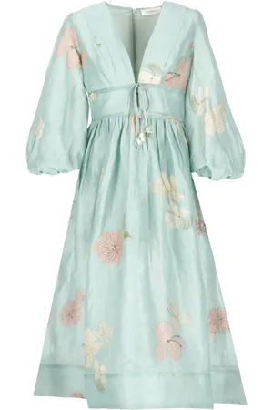 ZIMMERMANN Kleedjes, Dames, Blauw, M, Linnen, Lichtblauwe Linnen Jurk met Bloemenpatroon