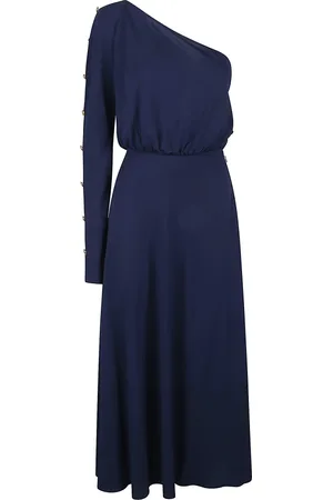 Elisabetta Franchi Kleedjes, Dames, Blauw, XS, Elegante Midi Jurk met Eén Schouder