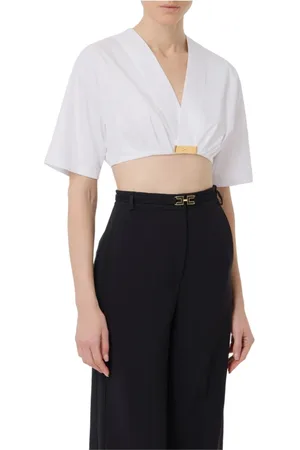 Elisabetta Franchi Blouses & Shirts, Dames, Wit, L, Katoen, Korte witte katoenen V-hals blouse