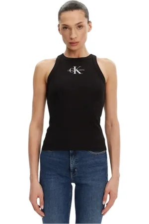 Calvin Klein Tops, Dames, Zwart, M, Katoen, Zwarte Slim Fit Ronde Hals Tank Top