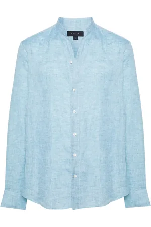 Sease Overhemden, Heren, Blauw, L, Linnen, Linnen Mao Shirt