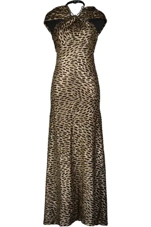 Paco rabanne Kleedjes, Dames, Bruin, XS, Luipaardprint Lange Jurk