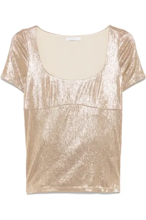 Patrizia Pepe Blouses & Shirts, Dames, Geel, XS, Glanzende Gouden Tee