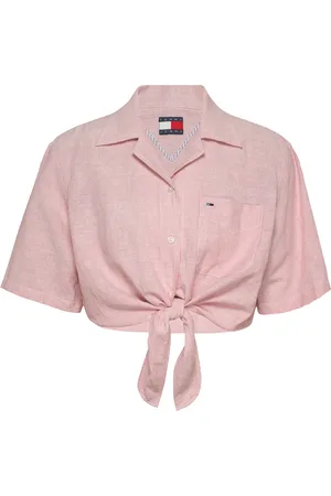 Tommy Hilfiger Blouses & Shirts, Dames, Roze, S, Katoen, Roze korte mouwen shirt Cubaanse kraag