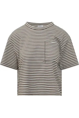 Brunello Cucinelli Tops, Dames, Bruin, S, Katoen, Gestreept katoenen T-shirt Made in Italy